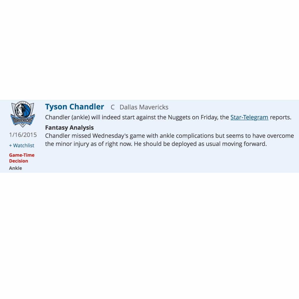 SLEEPERgNBAnews's tweet image. DAL T. Chandler (ankle) will indeed start against the Nuggets on Friday... #NBA #RotoWire