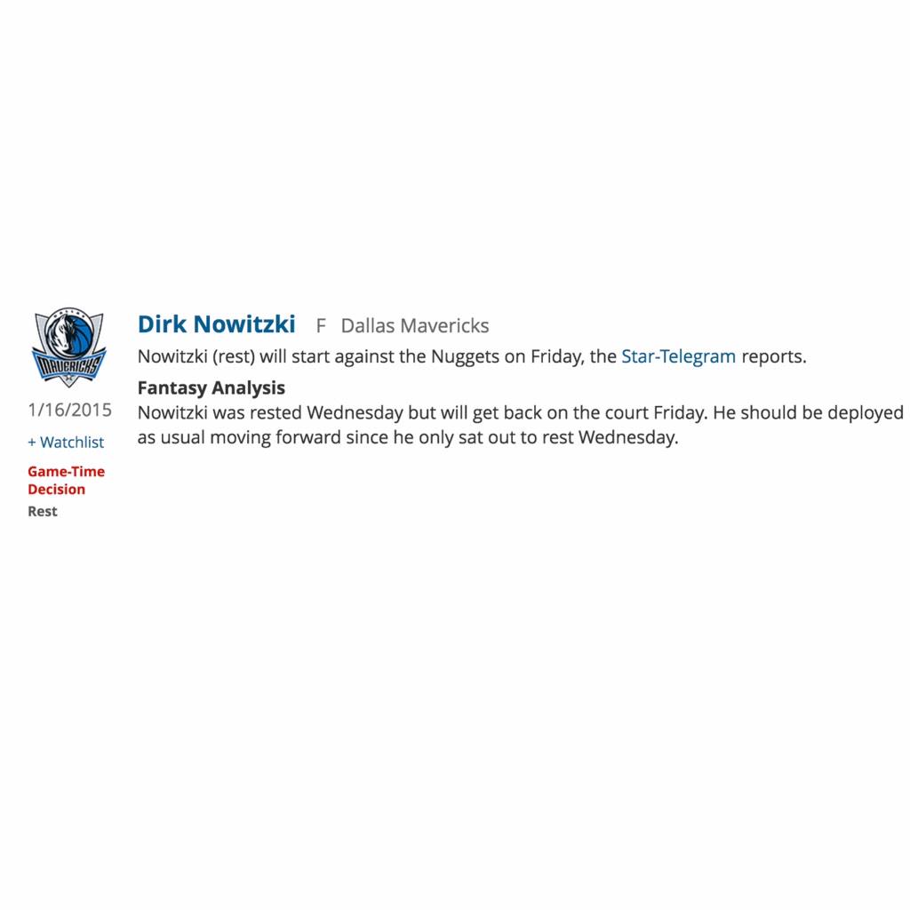 SLEEPERgNBAnews's tweet image. DAL D. Nowitzki (rest) will start against the Nuggets on Friday... #NBA #RotoWire