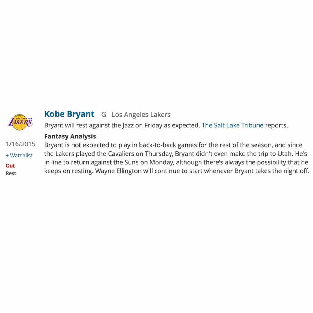 SLEEPERgNBAnews's tweet image. LAL K. Bryant will rest against the Jazz on Friday as expected... #NBA #RotoWire