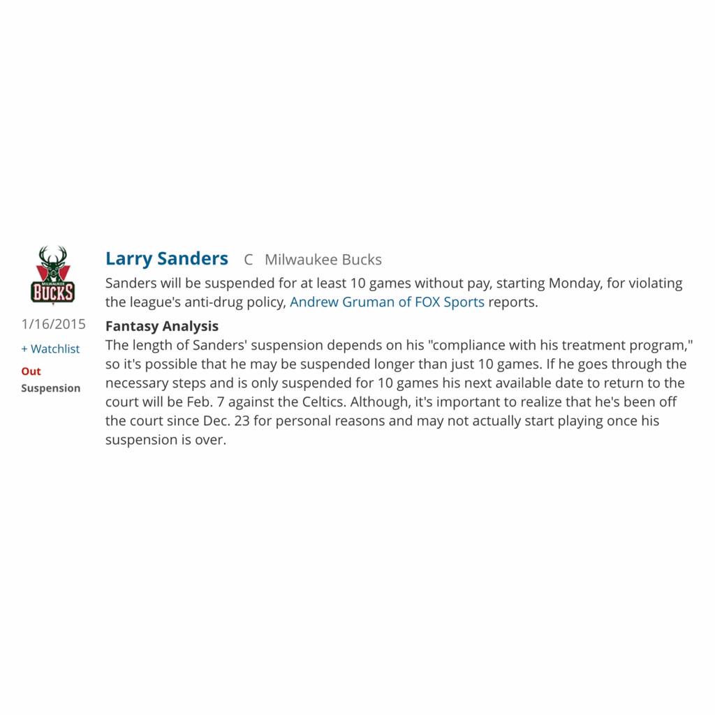 SLEEPERgNBAnews's tweet image. MIL L. Sanders will be suspended for at least 10 games without pay, starting Monday... #NBA #RotoWire