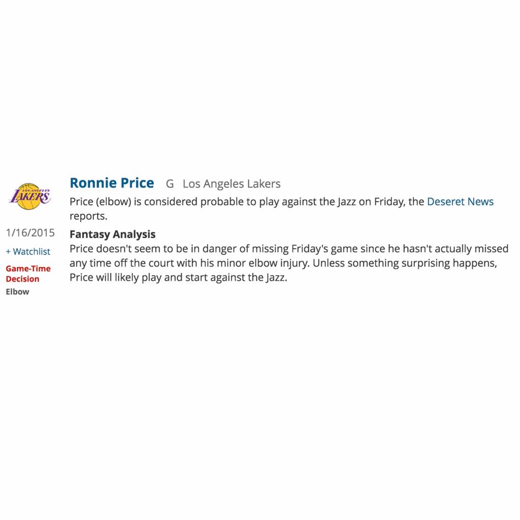 SLEEPERgNBAnews's tweet image. LAL R. Price (elbow) is considered probable to play against the Jazz on Friday... #NBA #RotoWire
