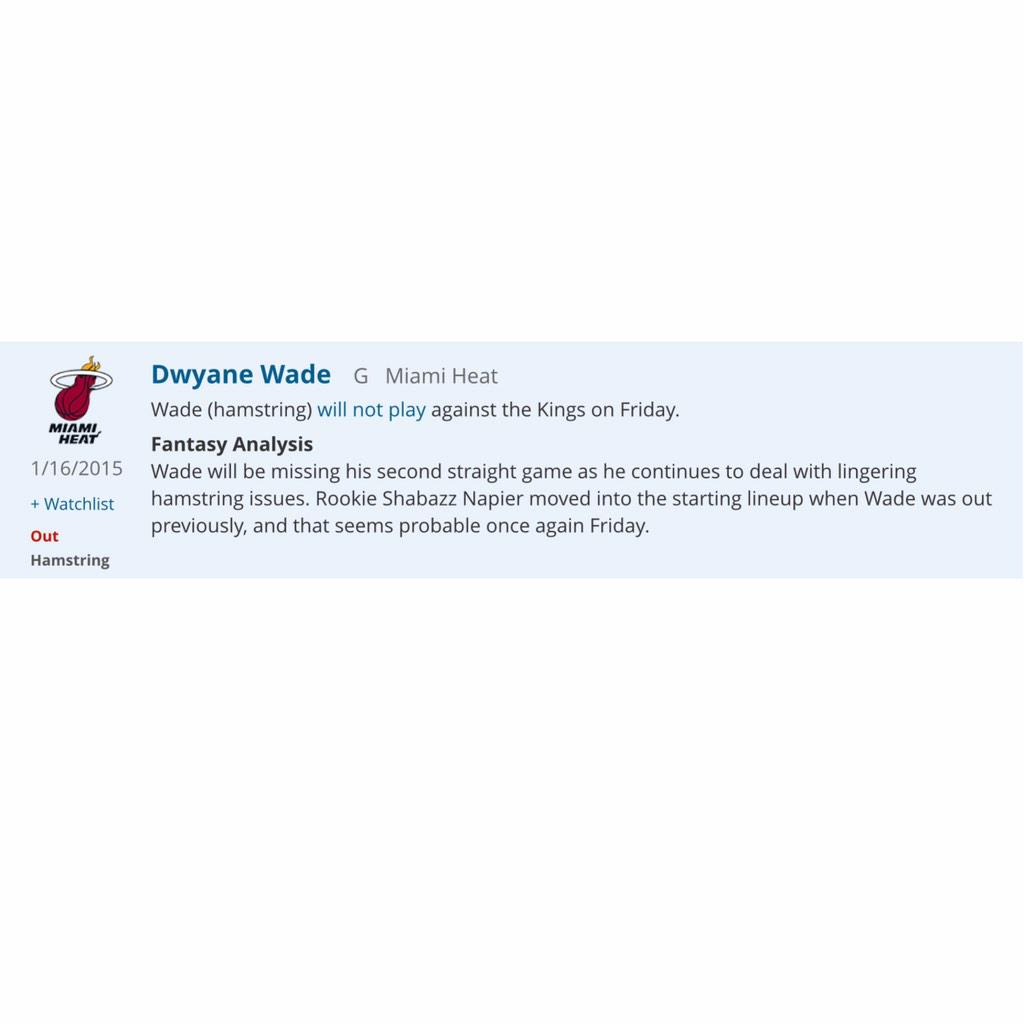 SLEEPERgNBAnews's tweet image. MIA D. Wade (hamstring) will not play against the Kings on Friday... #NBA #RotoWire