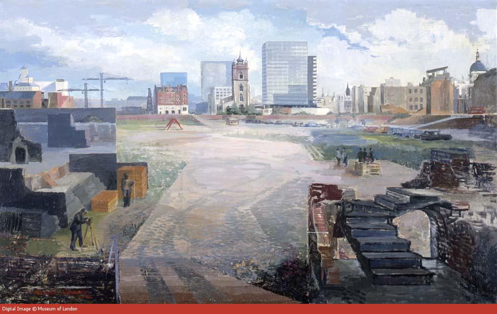 Barbican Estate site immediately before construction began in 1959
(Painting by Harold Hussey,1962.<a href="/MuseumofLondon/">MuseumofLondon</a>)