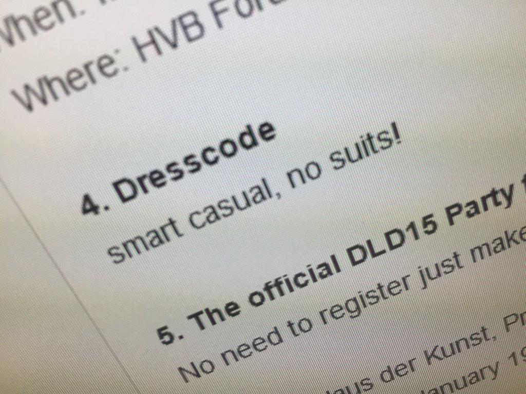 PatrickBernau's tweet photo. Suit ban at #dld15! Is this new? http://t.co/mFJLr0wIjV