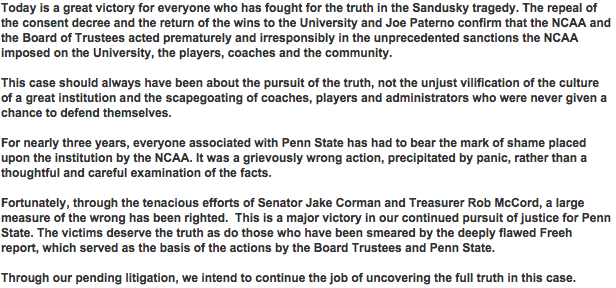 CBSSports's tweet photo. The Paterno family's statement after proposed NCAA deal, which includes restoration of Joe Paterno wins: http://t.co/IhhhnfNCF1