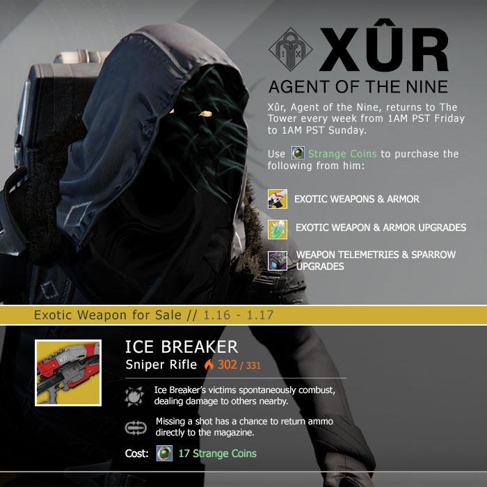 DestinyTheGame's tweet photo. Xur has returned to the Tower with fresh Ice Breakers in hand. Short on Strange Coins? Try out the Weekly Heroic. http://t.co/rDd2sqyuEA