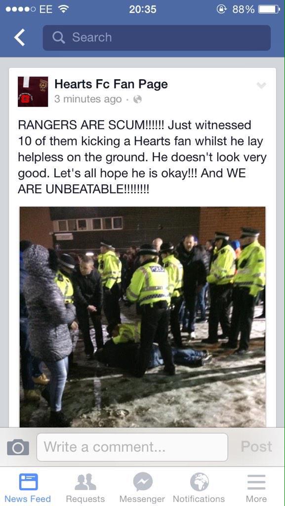 worjessieh's tweet photo. Hope the Hearts fan attacked by Rangers fans tonight is ok #disgustingcowards http://t.co/LGs1e1MSsm