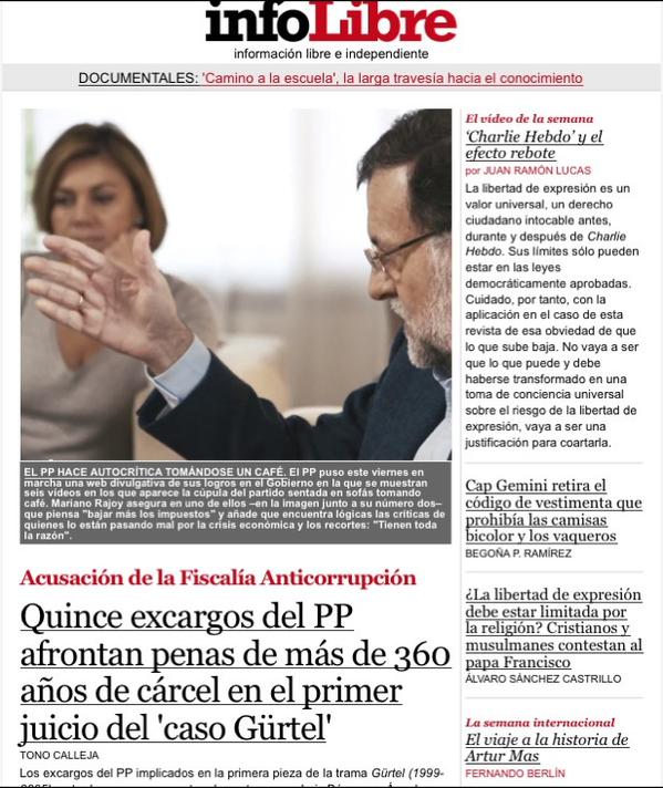 Portada INFOLIBRE 17 de Enero : petición del fiscal de 360 años de cárcel para 15 cargos del PP  x  corrupción