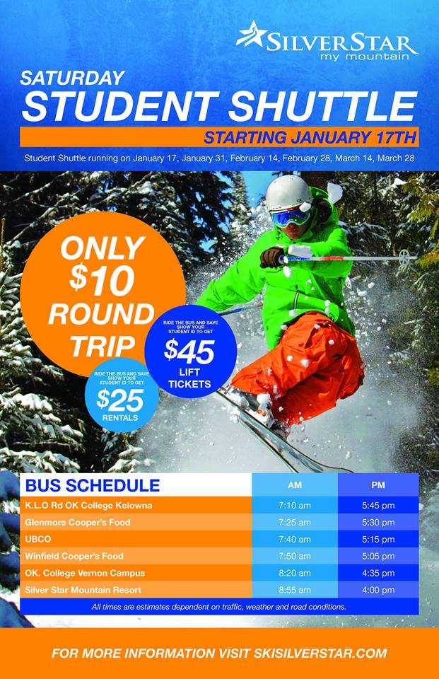 Tourism_Kelowna's tweet photo. RT @SilverStarMR Need a lift? #studentshuttle starts 2morrow $10 round trip fr Kelowna dont even have 2 be a student! http://t.co/UYpzHePeNZ