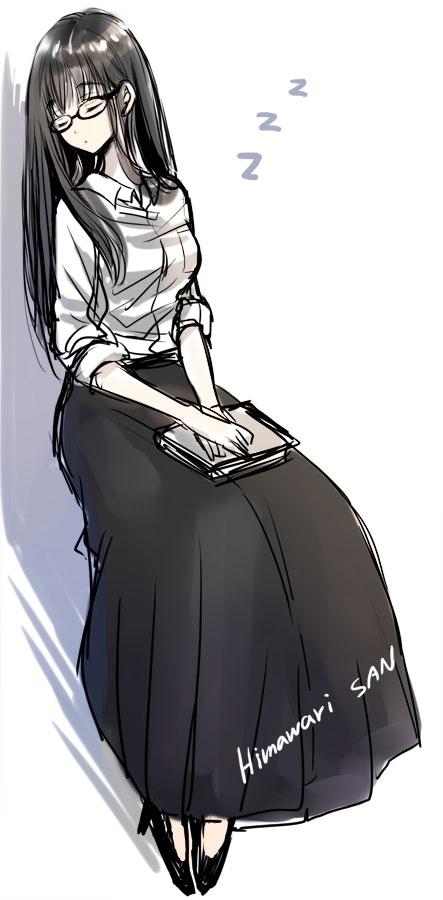 1girl solo sleeping black hair skirt long hair glasses  illustration images