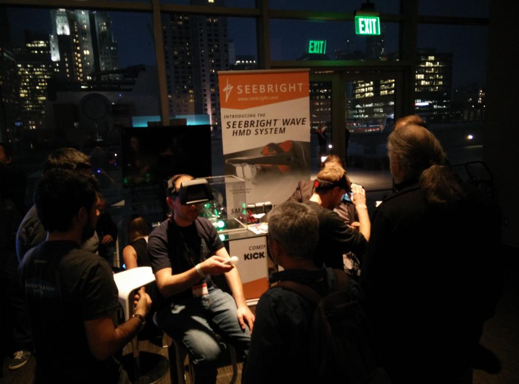 UploadVR's tweet photo. A glimpse of the awesome VR techs on display tonight! #GetVirtualized @SeebrightR @zSpace @NextVR_app @metaglasses http://t.co/4NtkfexKh2