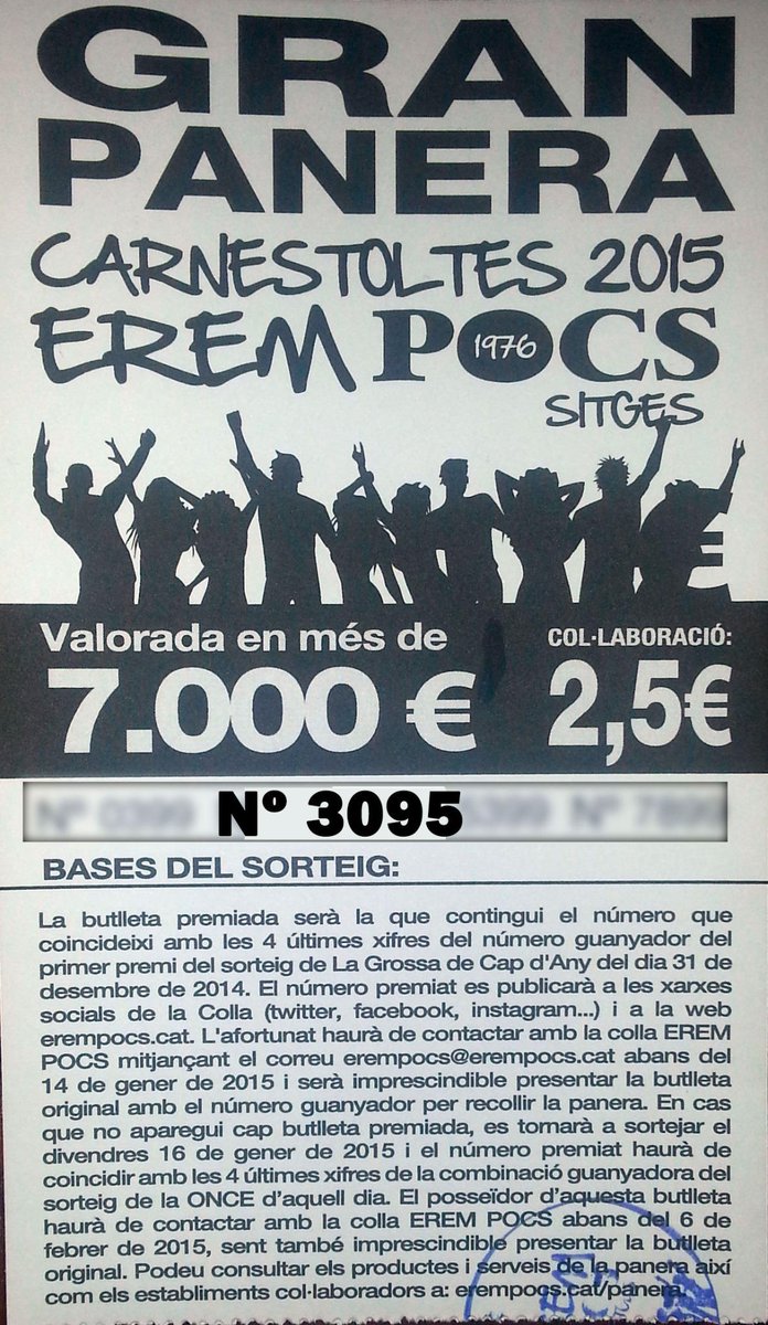 Carnestoltes15's tweet photo. La nova butlleta guanyadora de la Gran Panera és la que contingui el número 3095! #erempocs15 #carnavalsitges15 http://t.co/g1bN75V7tq