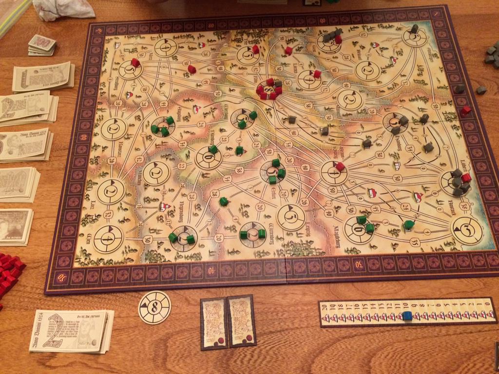 BAWillcutt's tweet photo. @MofBG @kjbullock @MaggiBot Playing an old one #MedievalMerchant. Good mix of chicken and planning. #boardgames http://t.co/dhCjf7Fh2z