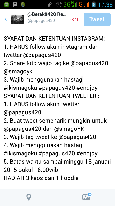 papagus420's tweet photo. Ini syarat dan ketentuan challenge hut SMAGO 28 from @papagus420. Menangkan hadiahnyaa guys~ #endjoy http://t.co/sWAOdtof97