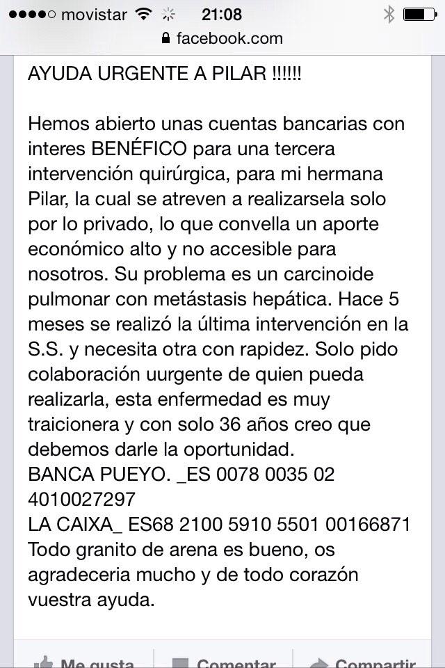 estefanialoveca's tweet photo. "@_RapsuS_: Con un simple RT me ayudareis mucho,gracias. http://t.co/Wb37lSY6P5" difundirlo por favor, mi tía necesita ayuda 😥😅 #ayudapilar
