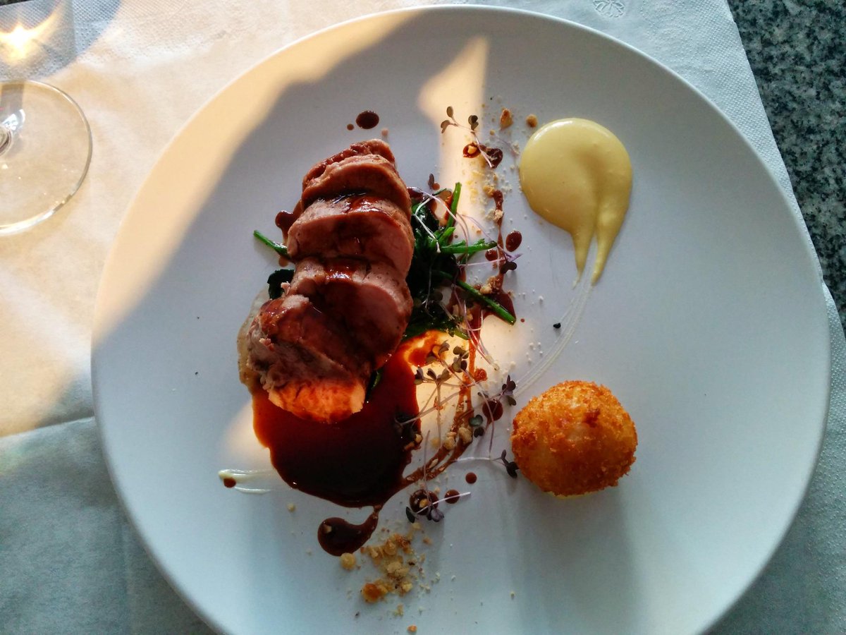 Our special today, char grilled pork fillet, smoked bacon &amp; parmesan arancini, red wine sauce £7.95