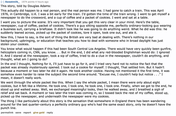 JohnRentoul's tweet photo. Douglas Adams tells the cookies story, the greatest ever told, in 1985, from 2'55" https://t.co/7BmRm0vGf6 http://t.co/UEFesQw2zF