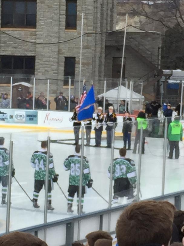 37Moses's tweet photo. @AllThingsSTA @FollowThePuck presentation of the colors by STA Color Guard #HockeyDayMN http://t.co/aGj8mrSSO4