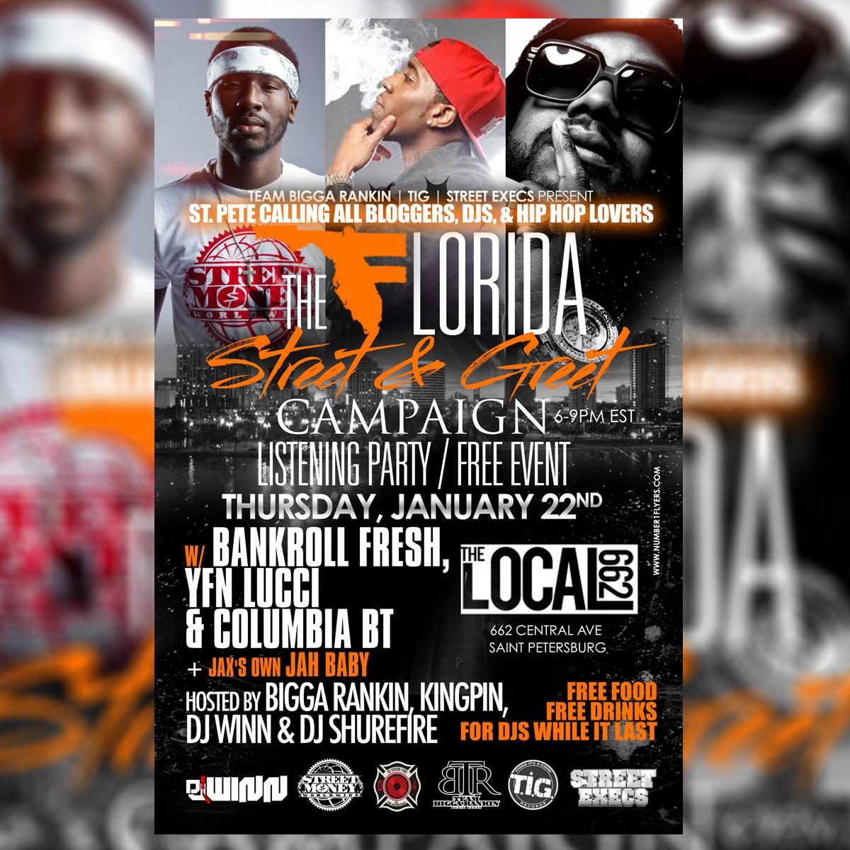 Bamboo420's tweet image. Thurs. 1.22 #StreetNMeet Listening hits #Local662 w/ @1YUNGFRESH @YFNLucci @ColumbiaBT w host @BiggaRankin00 #StPete