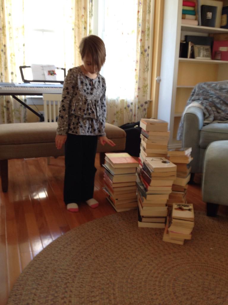 Kateywrites's tweet image. Parenting tip: always, always ask for details when kids say &quot;can I play library?&quot; #raisingreaders #stacksofbooks