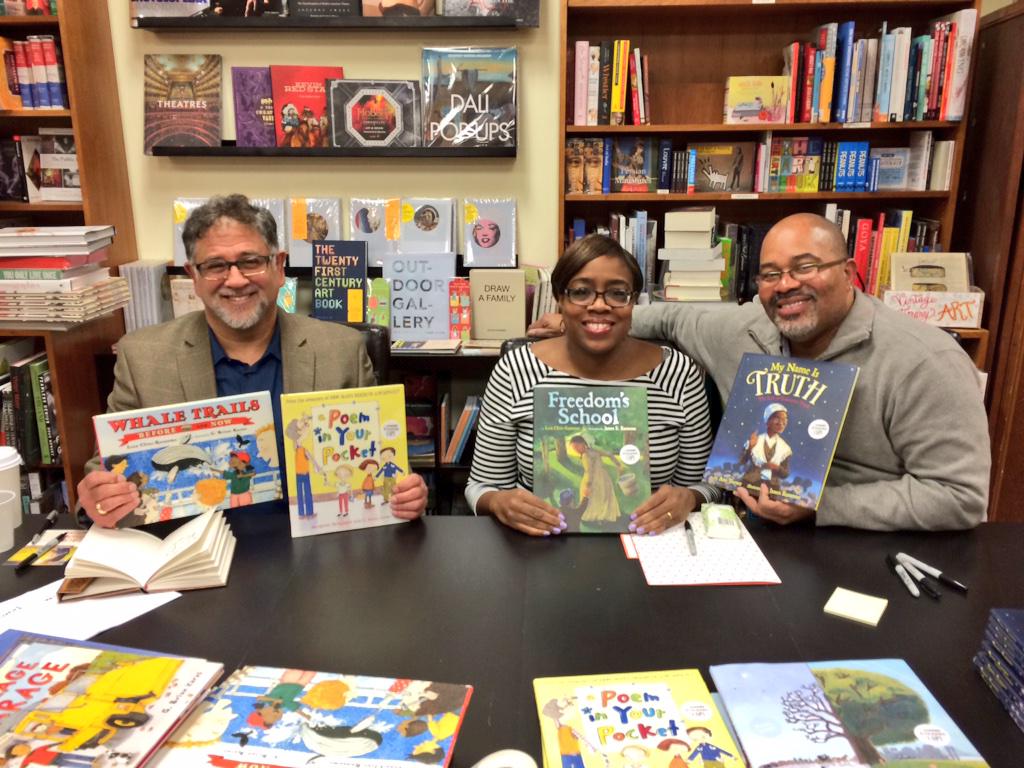 Thanks to everyone who came out to meet <a href="/gBrianKaras/">G Brian Karas</a>, @lclineransome, &amp; James Ransome today!