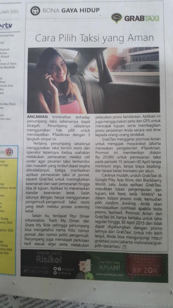 DianSafit_RI's tweet photo. Kompas hari ini: Cara Pilih Taksi yang Aman cc @GrabTaxiID http://t.co/EHfBO5uC1p