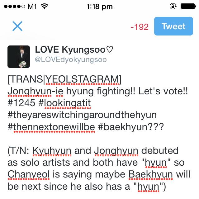 LOVEdyokyungsoo's tweet photo. [TRANS|YEOLSTAGRAM]
Jonghyun-ie hyung fighting!! Let's vote!! #1245 ... http://t.co/wM08nJVwdx