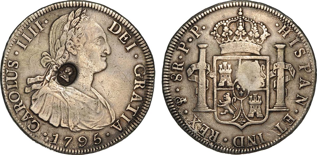 old_currency_ex's tweet photo. 1795 Bank of England #Dollar #coin, oval #counterstamp on #Potosi Mint Eight Reales 1795 PP (S3766) http://t.co/JKxZP0Lklq