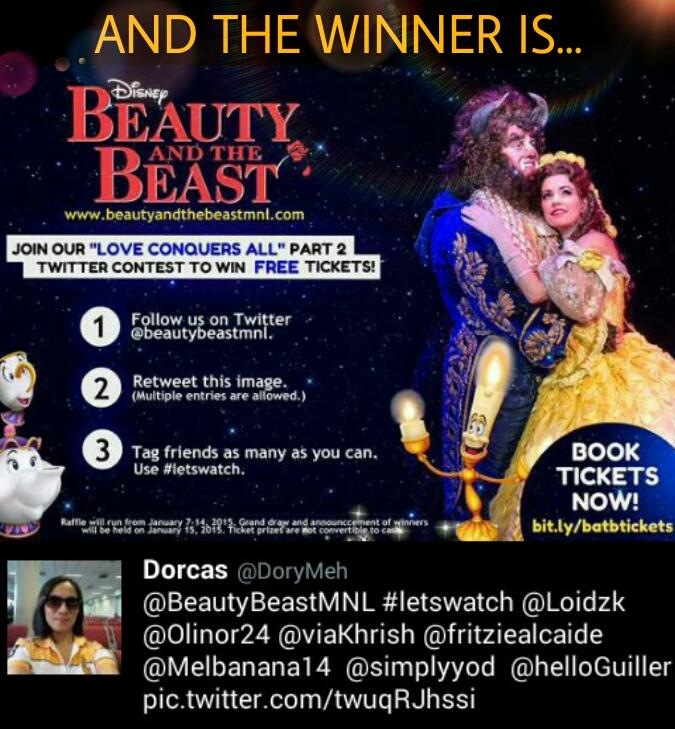 BeautyBeastMNL's tweet photo. Congrats @DoryMeh for braving in our 2nd #loveconquersall contest! You win yourelf a #batbmnl tix! DM us your e-ad. http://t.co/6yCpCOiBE6