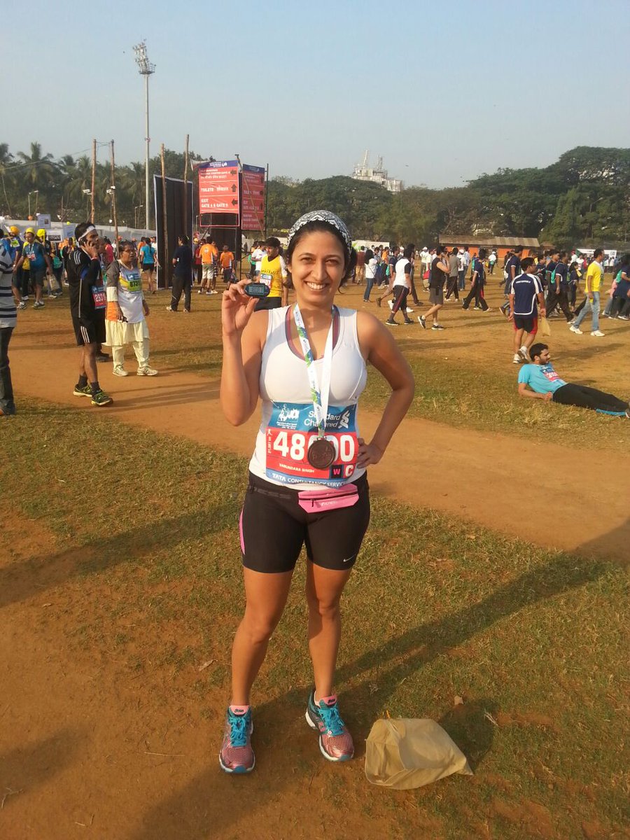 Stepathlon's tweet image. Our team member Vasundara showing off her step count after completing the @runscmm Half Marathon! #TeamStepathlon