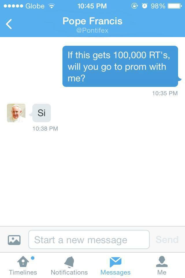 ndcm_5's tweet photo. OMG IF THIS GETS 100,000 POPE FRANCIS WILL GO TO PROM WITH ME!!!1
#PleaseGetTheJoke http://t.co/TVXx9ttzUs