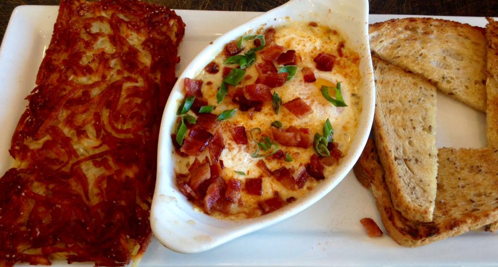 bccc1997's tweet photo. Shirred Eggs Special!2 eggs baked in cream, garlic and shallots topped with bacon and green onions WOW!#bracketts http://t.co/2qfAsktQLb