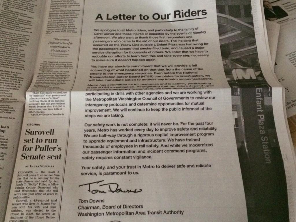 suraechinn's tweet photo. #CarolGlover obit in same #Wapo Metro section as @wmata apology to #Metro riders #sorrydoesn'tcutit #showus @wusa9 http://t.co/VBRCkkvrIm