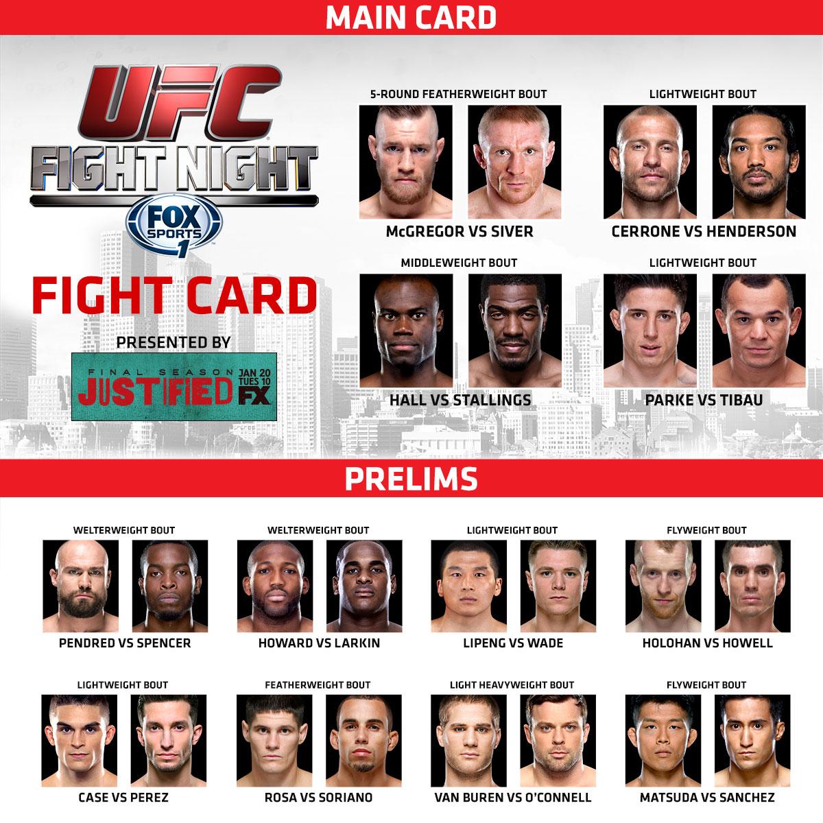 ufc's tweet photo. RT if you're ready for #UFCBoston!

Fight Card Presented By: @JustifiedFX. The final season premieres Jan 20 on FX http://t.co/TMvqRfyWvr
