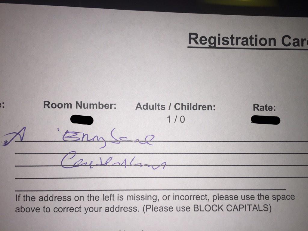 _iSte2202's tweet photo. "If you could just pop your address on there in block capitals. Oh brilliant, thanks.." Asshole. @HotelRants #RegCard http://t.co/3AFWhotw90