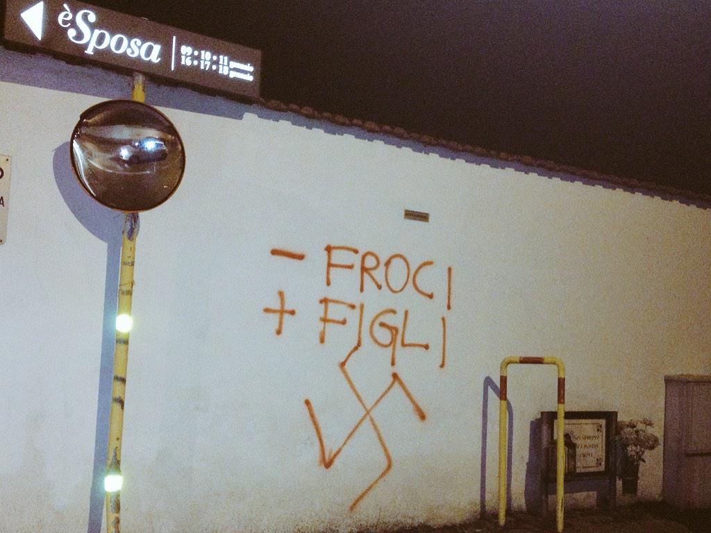 carlocremona's tweet photo. Ieri #commossi @vladiluxuria #abitosposa oggi #orrore scritte #antigay #naziste #antitrans #éSposa @fabiocaninoreal http://t.co/BjO5c57Heh