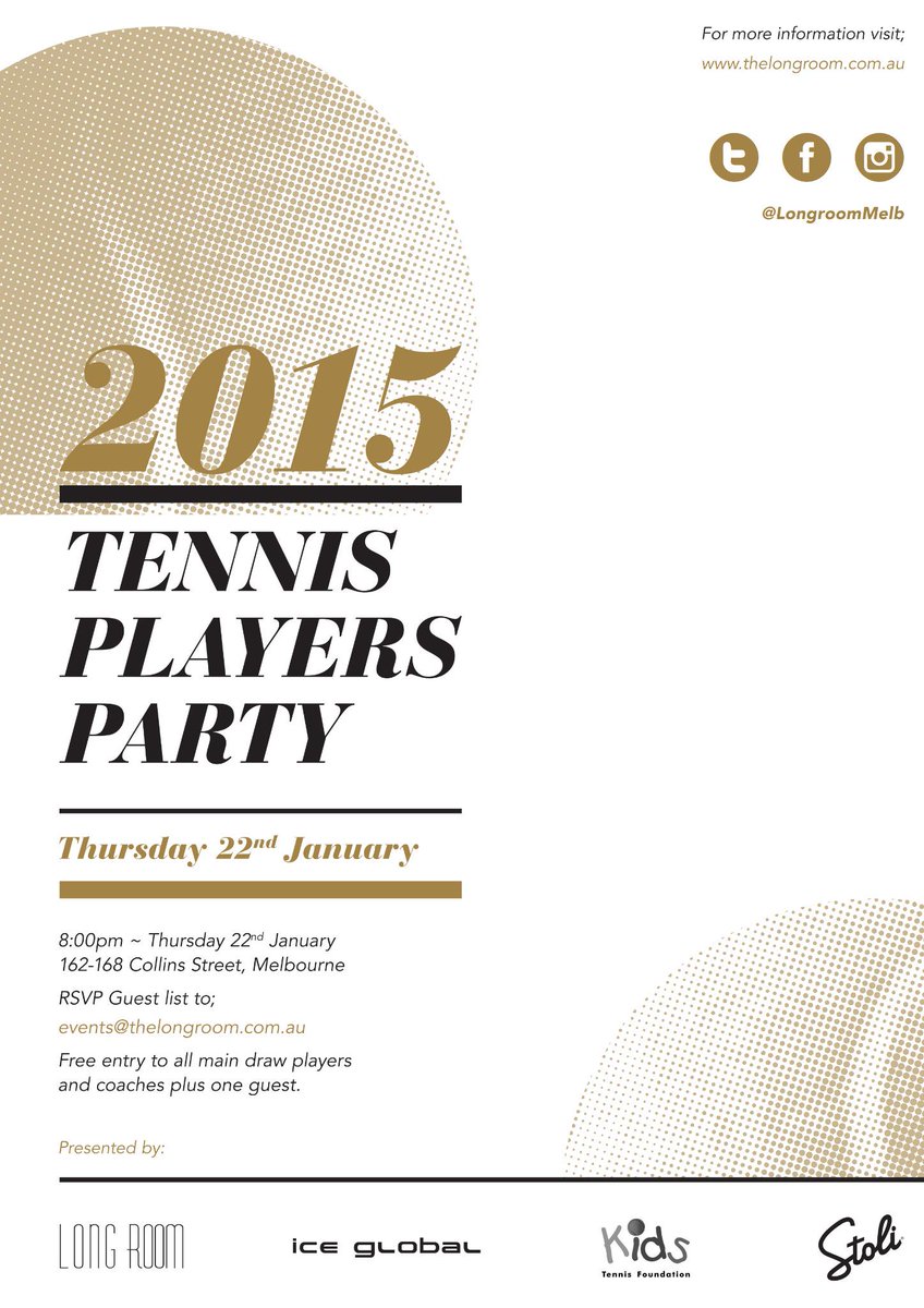 Join us this Thurs @ the Annual Tennis Players Party @LongroomMelb. Email events@thelongroom.com.au for guest lists.