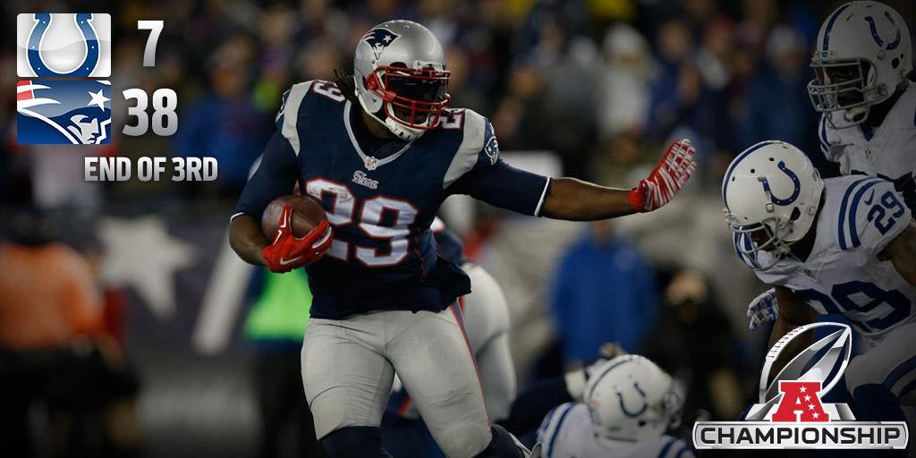 NFL's tweet photo. END OF 3Q: The @Patriots are one quarter away from Glendale. #INDvsNE http://t.co/WyeablYUaQ