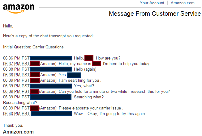jmmccli's tweet image. Wow, @amazon ... A++ on the chat support quality! #MyNameIsJames #EnglishOnlyPlease #KillMeNow #misunderstood #ugh