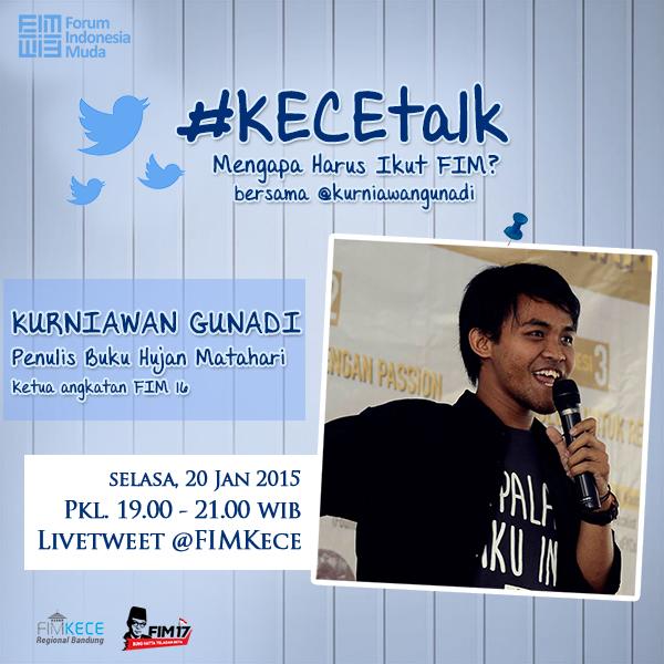 Nah! Besok ada yng seru di @fimkece loooh. Ada #KECETALK dengan <a href="/kurniawangunadi/">Kurniawan Gunadi</a>! Kita bahas tuntas tentang <a href="/fimnews/">Forum Indonesia Muda</a>