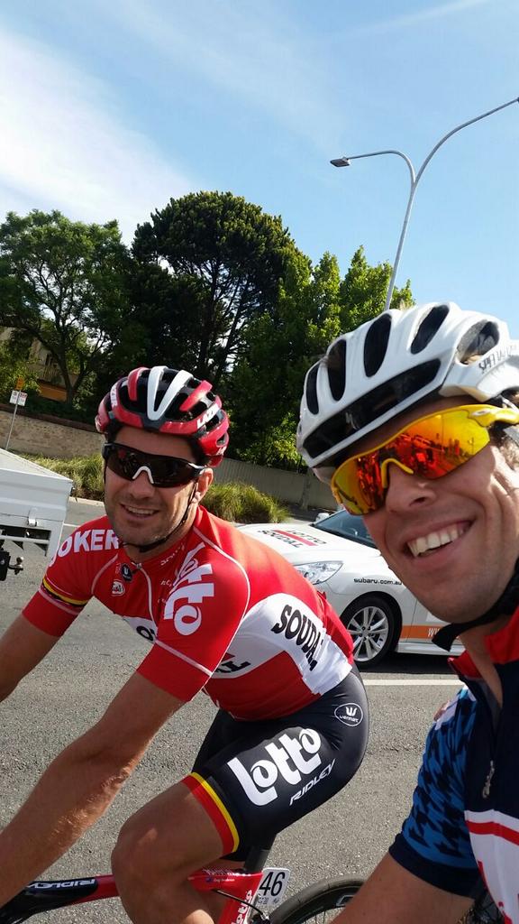 TeamBlotto's tweet photo. Great ride today with @Lotto_Soudal @Greghenderson1 @RobStorey16 #BlottowithLotto #selfie @tourdownunder http://t.co/s9pGTeklZf