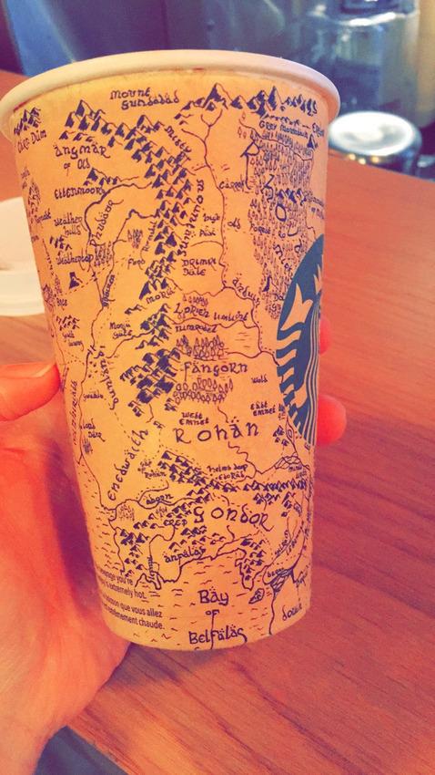 mashable's tweet image. We have no idea how someone drew such a detailed map of Middle Earth on this Starbucks cup: on.mash.to/1sHNbvL