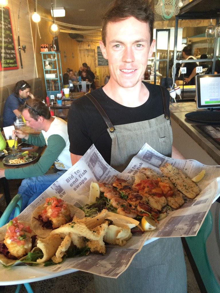 TommyRuffFish's tweet photo. Shaun showing off our "Chefs Platter for 2" special with chips and salad. #platter #tommyruff #seafood #goodvalue http://t.co/FZOFOjKT58