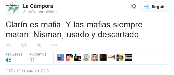 mili_robledo's tweet photo. "@HoracioEsterman: Se los dije: Mira que dice la #Campora de la muerte de #Nisman http://t.co/PJtjsixBgf" @tinchobertello