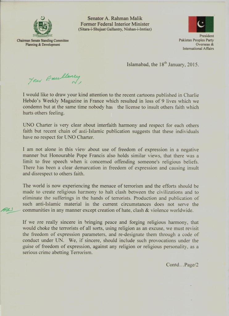 RiazToori's tweet photo. Great @SenRehmanMalik The @UN must take this issue seriously- "Malik writes to UN SG on #hebdocharlie caricatures" http://t.co/TAEiHHWLUr