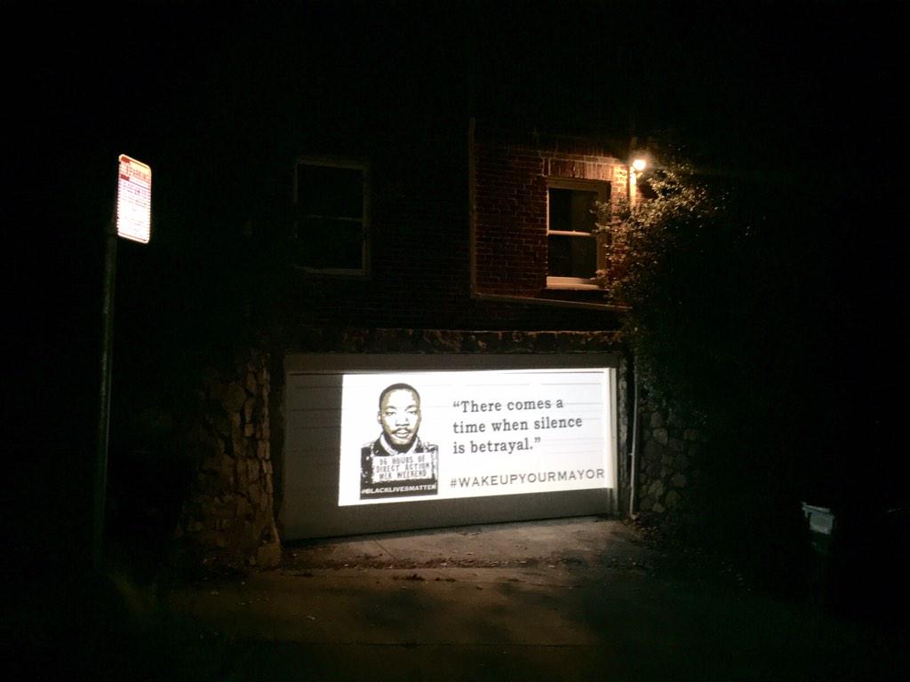 brownblaze's tweet photo. Projected on the garage of Oakland's mayor. We #ReclaimMLK and the prioritization of Black Life in public officials. http://t.co/6u8cDE1ogX