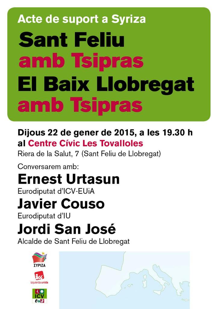 EUiACORNELLA's tweet photo. Aquest dijous a Sant Feliu de Llobre. "El Baix Llobregat amb Tsipras" amb @Caninator @ernesturtasun i Jordi San José http://t.co/MF90JY3IDm