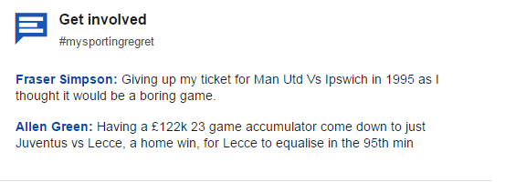 BBCSport's tweet photo. We've loved your #mysportingregret stories so far. Read other regretful tales here: http://t.co/0JN6uG0Vwe http://t.co/CslIMSJtnm