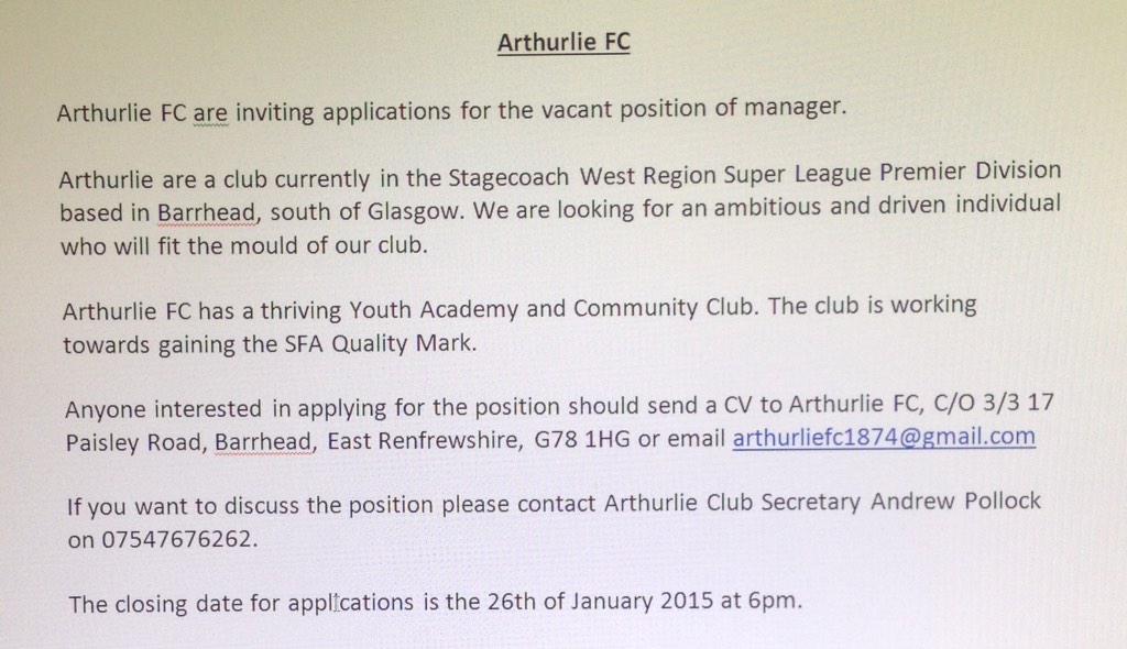 ArthurlieFC's tweet image. Information regarding vacant managers position.