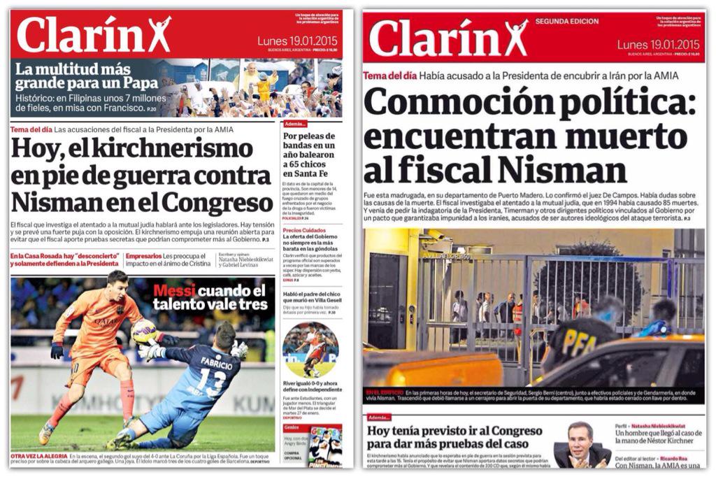 fedeseeber's tweet photo. #Nisman Tapa de CLARIN: la que iba a ser y la que es (primera y segunda edición) http://t.co/vG9s5znrtx